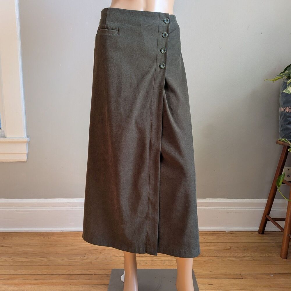 Vintage Y2K Christopher & Banks Green Midi Skirt Button Slit Librarian Size 10